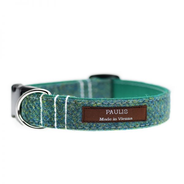 Hundehalsband von Paulis Hundeausstatter aus Harris Tweed in tannengrün-blau