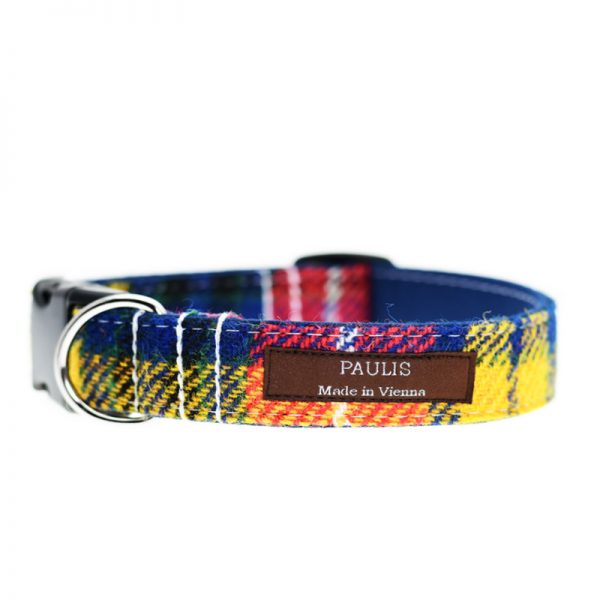 Hundehalsband von Paulis Hundeausstatter aus Harris Tweed in blau-gelb-rot